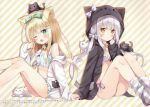  2girls :3 ;o absurdres animal animal_ears animal_hood animal_on_head bangs bell bell_choker black_cat black_choker black_jacket blonde_hair blue_bra blue_panties blush bow bra cat cat_ears cat_girl cat_hood cat_on_head cat_tail choker cinderella_bust commentary_request diagonal-striped_background diagonal_stripes eyebrows_visible_through_hair fang feet_out_of_frame frilled_bra frilled_panties frills green_bow green_eyes grey_bow hair_bow hair_ornament hairclip halter_top halterneck hand_to_own_mouth head_tilt highres hood hood_down hood_up hooded_jacket hoshi_(snacherubi) huge_filesize interlocked_fingers intertwined_tails jacket jingle_bell long_sleeves loose_socks low_twintails multiple_girls no_pants off_shoulder on_head one_eye_closed open_clothes open_jacket open_mouth original panties parted_lips purple_bow purple_bra purple_panties side-tie_panties sidelocks silver_hair sitting sleeves_past_wrists socks striped striped_background striped_legwear tail tsurime twintails underwear white_bow white_cat white_choker white_jacket yellow_eyes 