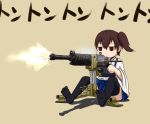  1girl beige_background black_legwear brown_eyes brown_hair firing gun hakama hakama_skirt japanese_clothes kaga_(kantai_collection) kantai_collection machine_gun muzzle_flash short_hair side_ponytail simple_background sitting solid_eyes solo tasuki thigh-highs weapon weapon_request yakuto007 