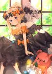  2girls abigail_williams_(fate/grand_order) bangs black_bow black_dress blonde_hair blue_eyes blurry blurry_foreground blush bow closed_mouth commentary_request day depth_of_field dress fate/grand_order fate_(series) flower hair_bow hair_bun head_tilt highres indoors iroha_(shiki) lavinia_whateley_(fate/grand_order) long_hair multiple_girls off-shoulder_dress off_shoulder orange_bow parted_bangs polka_dot polka_dot_bow profile red_eyes rose sidelocks silver_hair simple_background smile strapless strapless_dress stuffed_animal stuffed_toy sunlight teddy_bear white_flower white_rose window 