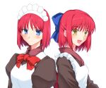 2girls absurdres apron blue_eyes bow commentary_request hair_bow harukon_(halcon) highres hisui japanese_clothes kimono kohaku long_sleeves maid maid_headdress multiple_girls open_mouth redhead short_hair siblings sisters smile tsukihime twins upper_body wa_maid white_background yellow_eyes 