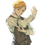  1boy adjusting_clothes alphonse_elric blonde_hair esu_(825098897) fingernails fullmetal_alchemist happy long_sleeves looking_down male_focus pants shaded_face shirt short_hair simple_background smile upper_body waistcoat white_background white_shirt yellow_eyes 