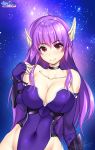  1girl bare_shoulders black_neckwear blue_background breasts choker cleavage closed_mouth collarbone covered_navel cowboy_shot elbow_gloves gloves hozumi_kaoru large_breasts leotard long_hair looking_at_viewer nei phantasy_star phantasy_star_ii pointy_ears purple_gloves purple_hair purple_leotard red_eyes smile solo thighs 