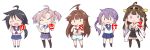  5girls ahoge akebono_(kantai_collection) bangs bell black_eyes black_hair black_legwear blue_sailor_collar blue_skirt boots brown_eyes brown_hair closed_eyes commentary_request detached_sleeves double_bun flower full_body grey_hair grin hair_bell hair_flower hair_ornament hair_tie hairband hairclip headgear huge_ahoge jingle_bell kako_(kantai_collection) kantai_collection kinugasa_(kantai_collection) kneehighs kongou_(kantai_collection) kuma_(kantai_collection) long_hair looking_at_viewer masaki_itsuki messy_hair multiple_girls neckerchief nontraditional_miko parted_bangs pleated_skirt ponytail purple_hair purple_sailor_collar purple_skirt red_neckwear ribbon-trimmed_sleeves ribbon_trim sailor_collar school_uniform serafuku short_sleeves short_twintails shorts side_ponytail sign_language simple_background skirt smile thigh-highs thigh_boots twintails very_long_hair white_background yellow_neckwear |_| 