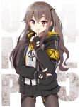  1girl armband background_text bangs black_gloves black_jacket black_ribbon black_skirt blush brown_eyes brown_hair brown_legwear character_name closed_mouth dress_shirt eyebrows_visible_through_hair fingerless_gloves girls_frontline gloves hair_between_eyes hair_ornament hood hood_down hooded_jacket index_finger_raised jacket kutata long_hair neck_ribbon one_side_up open_clothes open_jacket pantyhose pleated_skirt ribbon scar scar_across_eye shirt skirt smile solo ump45_(girls_frontline) very_long_hair white_background white_shirt 