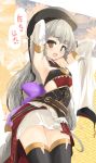  1girl arm_up armpits belt beret black_hat breasts detached_sleeves granblue_fantasy grey_hair hat heterochromia highres long_hair looking_at_viewer momio open_mouth pholia small_breasts thick_eyebrows 