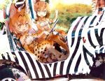  2girls animal_ears animal_print bare_shoulders belt black_hair blonde_hair blue_eyes bow bowtie car caracal_(kemono_friends) caracal_ears caracal_tail commentary_request elbow_gloves eyebrows_visible_through_hair fangs gloves ground_vehicle high-waist_skirt highres kemono_friends kolshica light_brown_hair motor_vehicle multicolored_hair multiple_girls open_mouth serval_(kemono_friends) serval_ears serval_print serval_tail short_hair sidelocks sitting skirt sleeveless tail thigh-highs yellow_eyes zebra_print 