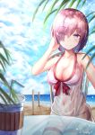  1girl absurdres bangs bare_shoulders beach bikini blurry blush bokeh breasts chair cleavage closed_mouth clouds cloudy_sky collarbone covered_navel cup day depth_of_field drinking_straw eyebrows_visible_through_hair eyes_visible_through_hair fate/grand_order fate_(series) fingernails hair_between_eyes hair_over_one_eye hand_in_hair hand_up highres horizon huge_filesize ibning27 large_breasts leaf lens_flare light_particles looking_at_viewer mash_kyrielight ocean purple_hair red_ribbon ribbon see-through shore short_hair sitting sky smile solo swimsuit table twitter_username violet_eyes volleyball_net white_bikini_bottom 