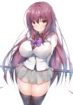  1girl black_skirt blush breasts commentary_request fate/grand_order fate_(series) gae_bolg highres large_breasts long_hair long_sleeves looking_at_viewer pleated_skirt polearm purple_hair red_eyes scathach_(fate)_(all) scathach_(fate/grand_order) school_uniform skirt smile spear thigh-highs twiska_(doubitian) weapon 