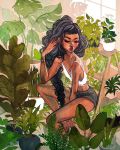  1girl black_hair black_shorts braid closed_mouth commentary_request crop_top day denim denim_shorts highres jacquelin_deleon lips long_hair looking_at_another original plant potted_plant shirt shorts solo sunlight very_long_hair white_shirt window 