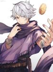  1boy bandage cape coin commentary_request gloves gold hair_over_one_eye looking_at_viewer male_focus octopath_traveler p0n_ya scarf short_hair simple_background solo solo_focus therion_(octopath_traveler) white_hair 