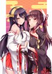  2girls artist_logo artist_name asymmetrical_docking azur_lane bare_shoulders black_hair blush breast_press breasts brown_eyes brown_hair collarbone commentary detached_sleeves eyebrows_visible_through_hair gainoob gloves hair_between_eyes hair_ornament hair_ribbon hairband hairclip hand_holding haruna_(azur_lane) haruna_(kantai_collection) headgear horns japanese_clothes kantai_collection katana large_breasts long_hair long_sleeves looking_at_viewer medium_breasts multiple_girls namesake nontraditional_miko red_eyes red_skirt remodel_(kantai_collection) ribbon ribbon-trimmed_sleeves ribbon_trim scabbard sheath skirt smile sword twintails unsheathing very_long_hair weapon white_gloves wide_sleeves 