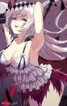  1girl armpits arms_up bangs breasts camisole dark_jeanne feathers granblue_fantasy hair_ornament long_hair looking_at_viewer medium_breasts peki_gbf red_eyes skirt white_hair wings 