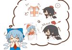  &gt;_&lt; 0_0 2girls :d :o ? ascot black_neckwear black_wings blue_dress blue_hair blush blush_stickers box brown_hair chibi cirno commentary_request detached_wings directional_arrow dress fang gift gift_box grin hat hat_removed headwear_removed highres ice ice_wings imagining in_box in_container kototoki multiple_girls open_mouth pointy_ears pom_pom_(clothes) red_neckwear santa_costume santa_hat shameimaru_aya shirt short_hair short_sleeves smile surprised thought_bubble tokin_hat touhou translated wavy_mouth wings xd |_| 