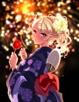  1girl :t aerial_fireworks alternate_hairstyle amaryllis blonde_hair candy_apple chocolate_banana commentary_request earrings eating fireworks flower food hair_flower hair_ornament highres japanese_clothes jewelry kimono ouga_saki ponytail solo summer_festival tdnd-96 virtual_youtuber yukata 