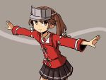  1girl adrian_ferrer brown_eyes brown_hair commentary cowboy_shot english_commentary japanese_clothes kantai_collection kariginu magatama outstretched_arms pleated_skirt ribbon-trimmed_sleeves ribbon_trim ryuujou_(kantai_collection) skirt smile solo twintails visor_cap 