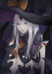  1girl abigail_williams_(fate/grand_order) bangs black_bow black_hat bow character_name closed_mouth commentary_request eyebrows_visible_through_hair eyes_visible_through_hair fate/grand_order fate_(series) hat hat_bow highres long_hair looking_at_viewer marumoru orange_bow pale_skin parted_bangs pointy_ears revealing_clothes silver_hair solo very_long_hair violet_eyes witch_hat 