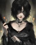 1girl bandage black_dress black_hair choker commentary demon&#039;s_souls dress english_commentary highres jewelry lips maiden_in_black necklace no_eyes nose pale_skin ragecndy short_hair solo souls_(from_software) staff upper_body 