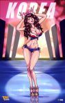  1girl artist_name bikini bow breasts brown_hair cleavage commentary d.va_(overwatch) english_commentary facepaint facial_mark faymantra full_body hair_bow hands_up high_heels highres jewelry large_breasts lips long_hair looking_at_viewer necklace nose one_eye_closed overwatch solo standing stomach swimsuit toned whisker_markings 