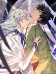  2boys artist_name black_hair blue_eyes card_captor_sakura closed_eyes gearous highres japanese_clothes kinomoto_touya male_focus multiple_boys parted_lips white_hair wings yue_(ccs) 