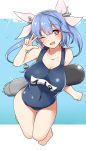  absurdres aoi_renji blue_hair fang highres i-19_(kantai_collection) kantai_collection name_tag one-piece_swimsuit one_eye_closed red_eyes ribbon school_swimsuit star star-shaped_pupils swimsuit symbol-shaped_pupils torpedo twintails 