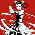  1girl a4typhoon baggy_pants bare_shoulders bell black_hair braid china_dress chinese_clothes commentary_request cowboy_shot dress fatal_fury fighting_stance forehead hair_bell hair_ornament hair_rings highres kung_fu li_xiangfei long_hair monochrome pants pelvic_curtain red red_background sash smile solo standing the_king_of_fighters the_king_of_fighters_2001 twin_braids vambraces 