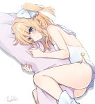  1girl ass bangs bare_arms bare_shoulders blonde_hair blue_eyes blush bow breasts closed_mouth commentary_request copyright_request dakimakura_(object) dress eyebrows_visible_through_hair fingernails hair_between_eyes hair_bow long_hair looking_at_viewer lying minamoto_mamechichi on_side panties pillow pillow_hug sailor_collar sidelocks signature small_breasts solo strapless strapless_dress two_side_up underwear white_background white_bow white_dress white_legwear white_panties white_sailor_collar 