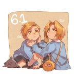 2boys alphonse_elric antenna_hair bag blonde_hair blue_shirt brothers character_name edward_elric esu_(825098897) expressionless fingernails full_body fullmetal_alchemist hands_on_another&#039;s_face long_sleeves looking_back looking_up male_focus multiple_boys number orange_background shaded_face shirt short_hair shorts siblings simple_background sitting socks white_background yellow_eyes younger 