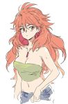  1girl amou_kanade breasts cleavage closed_mouth commentary_request denim hanakuso jeans long_hair looking_at_viewer navel pants red_eyes redhead senki_zesshou_symphogear simple_background solo strapless tubetop white_background 