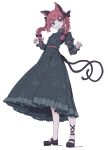  1girl :3 absurdres animal_ears bangs black_bow black_dress black_footwear blunt_bangs bow braid cat_ears cat_tail dress extra_ears eyebrows_behind_hair full_body green_dress hair_bow highres kaenbyou_rin kame_(kamepan44231) long_sleeves looking_at_viewer mary_janes multiple_tails nekomata puffy_sleeves red_eyes redhead shoes solo standing tail touhou twin_braids twintails two_tails white_background 