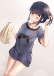  1girl ;\ black_hair brown_eyes collarbone controller dutch_angle game_controller grey_background hand_in_hair highres long_hair looking_at_viewer medium_hair one_eye_closed original shirt solo standing sweatdrop t-shirt too-ye 