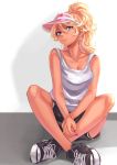  1girl alternate_hairstyle amaryllis blonde_hair breasts cleavage collarbone dark_skin fang fang_out highres looking_at_viewer no_socks ouga_saki parted_lips ponytail red_eyes shoes shorts sneakers solo tank_top tdnd-96 virtual_youtuber visor_cap white_tank_top 