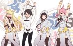  1boy 3girls amamiya_sora arms_up black_hair blonde_hair bracelet dancing fate/grand_order fate_(series) fou_(fate/grand_order) fujimaru_ritsuka_(male) head_wings hildr_(fate/grand_order) hood jewelry kono_subarashii_sekai_ni_shukufuku_wo! multiple_girls ono_misao ortlinde_(fate/grand_order) parody pink_hair seiyuu_connection thrud_(fate/grand_order) tomorrow_(konosuba) valkyrie_(fate/grand_order) 