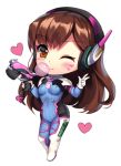  1girl ;) aruma_jiki asymmetrical_bangs bangs blue_bodysuit blush bodysuit breasts brown_eyes brown_hair bubble_blowing charm_(object) chewing chibi closed_mouth clothes_writing covered_navel d.va_(overwatch) eyebrows_visible_through_hair facial_mark full_body gloves gun hand_up headgear heart holding holding_gun holding_weapon long_hair medium_breasts one_eye_closed overwatch shiny shiny_hair simple_background smile solo standing striped trigger_discipline v vertical_stripes very_long_hair weapon whisker_markings white_background white_gloves 