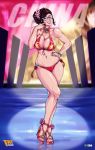  1girl artist_name bikini breasts brown_hair cleavage commentary english_commentary faymantra finger_to_mouth full_body glasses hair_bun hand_on_hip high_heels highres large_breasts lips looking_at_viewer mei_(overwatch) nose one_eye_closed overwatch smile solo standing swimsuit 