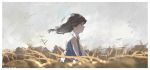  1girl bangs brown_hair closed_mouth clouds day dress floating_hair original outdoors reido_(reido_c) short_hair simple_background sky solo standing wind 