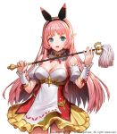  1girl [saw] blue_eyes breasts cleavage cowboy_shot destiny_of_crown detached_collar detached_sleeves dress hairband highres large_breasts long_hair looking_at_viewer open_mouth pink_hair pointy_ears puffy_short_sleeves puffy_sleeves short_sleeves solo watermark white_background wrist_cuffs 