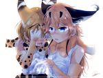  2girls absurdres amemiya_neru animal_ears arm_around_neck backlighting belt blonde_hair blue_eyes blush bow bowtie brown_gloves brown_hair brown_neckwear caracal_(kemono_friends) caracal_ears claws covering_eyes crying elbow_gloves extra_ears eyebrows_visible_through_hair gloves glowing glowing_eyes hair_between_eyes highres kemono_friends long_hair looking_at_viewer multicolored multicolored_clothes multicolored_gloves multiple_girls print_neckwear serval_(kemono_friends) serval_ears serval_print shirt short_hair signature sleeveless sleeveless_shirt tears upper_body white_background white_gloves yellow_eyes yellow_gloves yellow_neckwear 