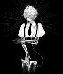  1other absurdres androgynous closed_eyes gem gem_uniform_(houseki_no_kuni) ghost_quartz_(houseki_no_kuni) hair_over_one_eye highres houseki_no_kuni long_eyelashes monochrome necktie salty_en short_hair_with_long_locks solo suspenders transparent white_background 