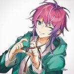 1boy ahoge amemura_ramuda androgynous blue_eyes closed_eyes closed_mouth fingers_together heart_hands hood hoodie hypnosis_mic long_sleeves looking_at_viewer messy_hair nagu nose one_eye_closed pink_hair purple_hair signature smile solo wink