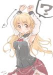  1girl 2018 ? armpits arms_up artist_name blonde_hair blush braid breasts brown_eyes corset cowboy_shot dated french_braid fyuo kantai_collection long_hair looking_at_viewer medium_breasts miniskirt open_mouth red_skirt shirt simple_background skirt solo speech_bubble thick_eyebrows wavy_hair white_background white_shirt zara_(kantai_collection) 