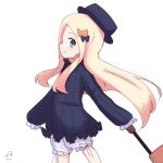  1girl abigail_williams_(fate/grand_order) bangs black_bow black_dress black_hat blonde_hair bloomers blue_eyes blush bow bug butterfly closed_mouth commentary_request cowboy_shot dress fate/grand_order fate_(series) hair_bow hat insect kujou_karasuma long_hair long_sleeves orange_bow parted_bangs profile signature simple_background sleeves_past_fingers sleeves_past_wrists smile solo underwear very_long_hair white_background white_bloomers 