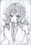  1girl animal_ears black_border blush border breasts commentary_request dated greyscale hair_ornament hairclip inaba_tewi jewelry looking_at_viewer medium_breasts monochrome mouth_hold necklace pink_x rabbit_ears scan shirt short_sleeves smile solo striped striped_background touhou traditional_media tying_hair upper_body 