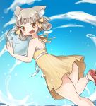  1girl :d adapted_costume animal_ears ass ball bare_arms bare_shoulders beachball blue_sky blush byakko_(xenoblade) cat_ears clouds day dress facial_mark fangs gurumin_(gurruguru) hair_ribbon highres holding leg_up looking_at_viewer nintendo niyah open_mouth ribbon short_hair silver_hair sky smile solo water xenoblade_(series) xenoblade_2 yellow_dress yellow_eyes yellow_ribbon 