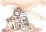  2girls :/ :o ascot black_neckwear black_wings blue_dress blue_hair blush bow brown_hair camera cirno closed_eyes commentary_request dress full_body hair_bow hat highres ice ice_wings kototoki leaning_on_person looking_at_viewer multiple_girls outdoors pom_pom_(clothes) red_eyes red_neckwear shameimaru_aya shirt shoes short_hair short_sleeves sitting sketch skirt sleeping socks tokin_hat touhou tree wing_hug wings 