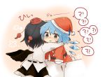  !? 2girls :o black_wings blue_hair blush bow box brown_hair chibi cirno gift gift_box hair_bow hat highres hug ice ice_wings in_box in_container kototoki long_sleeves multiple_girls pom_pom_(clothes) santa_costume santa_hat shameimaru_aya shirt short_hair skirt tokin_hat touhou translated trembling wings 