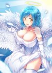  1girl :d absurdres angel angel_wings bangs blue_hair blush braid breasts cleavage collarbone commentary_request detached_sleeves dress elbow_gloves eyebrows_visible_through_hair falling_feathers feathered_wings feathers french_braid gloves halo highres holding_skirt huge_breasts looking_at_viewer moira_(nijisanji) mole mole_on_breast mole_under_mouth nijisanji open_mouth short_hair side_slit smile solo thigh-highs user_hstd3528 virtual_youtuber white_dress white_wings wings yellow_eyes 