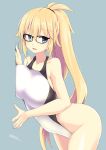  against_wall artist_name bare_shoulders blonde_hair blue_background blue_eyes breast_press breasts commentary cowboy_shot fate/grand_order fate_(series) glasses hands_on_wall highres hips invisible_wall jeanne_d&#039;arc_(fate)_(all) jeanne_d&#039;arc_(swimsuit_archer) large_breasts leaning leaning_to_the_side long_hair one-piece_swimsuit ponytail simple_background swimsuit thighs tokihama_jirou wall white_swimsuit 