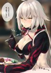  1girl bikini black_bikini black_jacket blush breasts cropped_jacket eating fate/grand_order fate_(series) food fork highres itohana jacket jeanne_d&#039;arc_(alter_swimsuit_berserker) jeanne_d&#039;arc_(fate)_(all) large_breasts long_hair o-ring o-ring_top swimsuit upper_body white_hair 