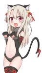  1girl :d animal_ears bangs black_gloves black_hairband black_legwear black_leotard blush cat_ears cat_girl cat_tail center_opening commentary_request cowboy_shot elbow_gloves eyebrows_visible_through_hair fake_animal_ears fang fate/kaleid_liner_prisma_illya fate_(series) fur-trimmed_gloves fur_trim gloves hair_between_eyes hair_ribbon hairband hand_up hands_up highres illyasviel_von_einzbern jiu_(sdesd3205) leotard light_brown_hair long_hair looking_at_viewer navel open_mouth paw_gloves paws red_eyes red_ribbon ribbon simple_background smile solo stomach tail tail_ribbon thigh-highs two_side_up very_long_hair white_background 