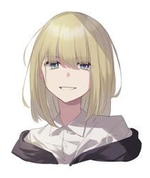  1other androgynous aqua_eyes bangs black_jacket blonde_hair collared_shirt cropped_torso grin highres jacket looking_at_viewer medium_hair off_shoulder original shirt simple_background smile solo unapoppo upper_body white_background white_shirt 